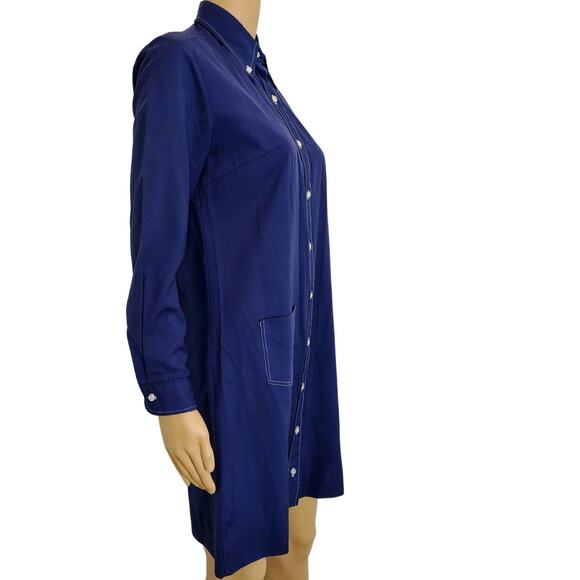 70s Blue Button Down Shirt Dress Wing Tip Collar Seam Button Cuffed Sleeve SZ S - Picture 4 of 5